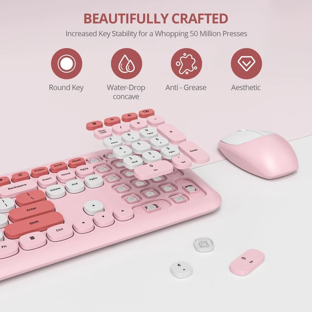 Alt view image 3 of 5 - surmen Cute Wireless Keyboard and Mouse Combo, Pink Wireless Keyboard with Silent Mouse, Full Size Slim Low-Noise Soft Touch Round Keys for Home and Office,6-Pink