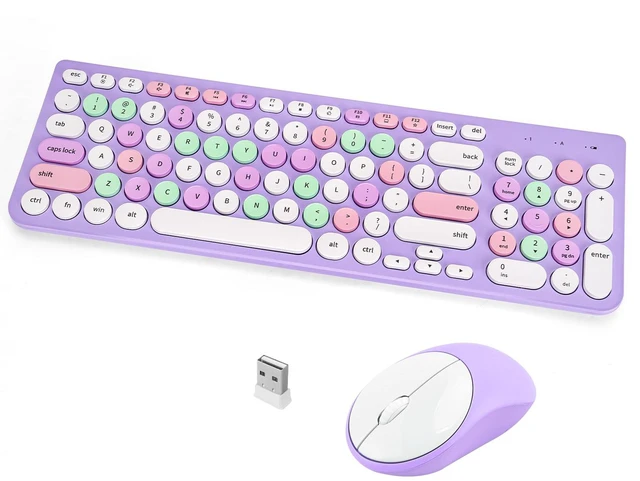 Main image of Wireless Keyboard and Mouse Combo, Retro Typewriter Keyboard with Round Keycaps, 2.4GHz USB Cute Wireless Keyboard Mouse for Computer, Desktop, Laptop (Purple Colorful)