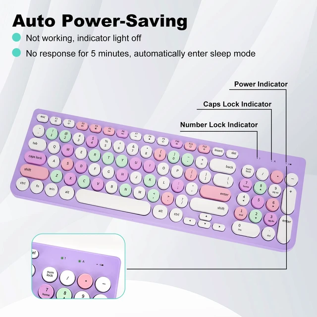 Alt view image 3 of 5 - Wireless Keyboard and Mouse Combo, Retro Typewriter Keyboard with Round Keycaps, 2.4GHz USB Cute Wireless Keyboard Mouse for Computer, Desktop, Laptop (Purple Colorful)