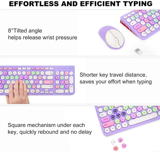 Alt view image 4 of 5 - Wireless Keyboard and Mouse Combo, Retro Typewriter Keyboard with Round Keycaps, 2.4GHz USB Cute Wireless Keyboard Mouse for Computer, Desktop, Laptop (Purple Colorful)