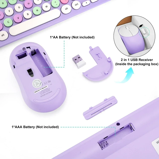 Alt view image 5 of 5 - Wireless Keyboard and Mouse Combo, Retro Typewriter Keyboard with Round Keycaps, 2.4GHz USB Cute Wireless Keyboard Mouse for Computer, Desktop, Laptop (Purple Colorful)