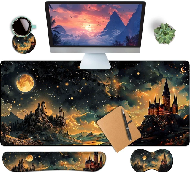 Main image of HaoSiTeck 4-Piece Extended Large Mouse Pad Set for Women Men with Castle Night Design Includes 35.4 x 15.7 XXL Large Mouse Pad Keyboard Wrist Rest Mouse Wrist Support and Coaster for Office Home