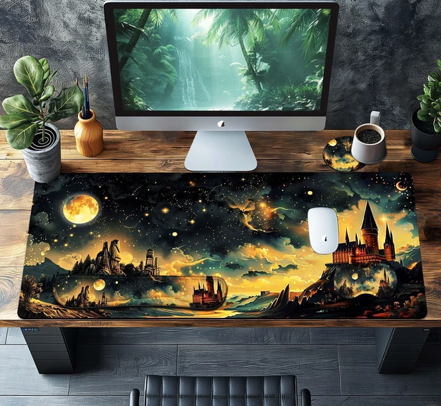 Alt view image 2 of 5 - HaoSiTeck 4-Piece Extended Large Mouse Pad Set for Women Men with Castle Night Design Includes 35.4 x 15.7 XXL Large Mouse Pad Keyboard Wrist Rest Mouse Wrist Support and Coaster for Office Home