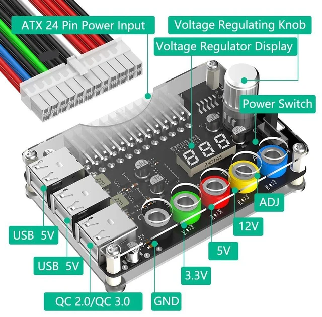 Alt view image 4 of 5 - ATX Power Supply Breakout Board with Adjustable Voltage Knob and 6- Port USB 2.0,and QC 2.0/QC 3.0, 3A Maximum Output