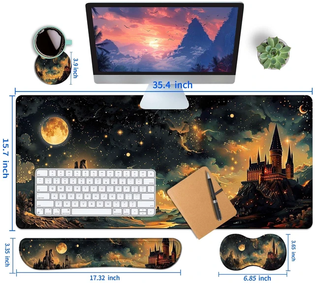 Alt view image 5 of 5 - HaoSiTeck 4-Piece Extended Large Mouse Pad Set for Women Men with Castle Night Design Includes 35.4 x 15.7 XXL Large Mouse Pad Keyboard Wrist Rest Mouse Wrist Support and Coaster for Office Home