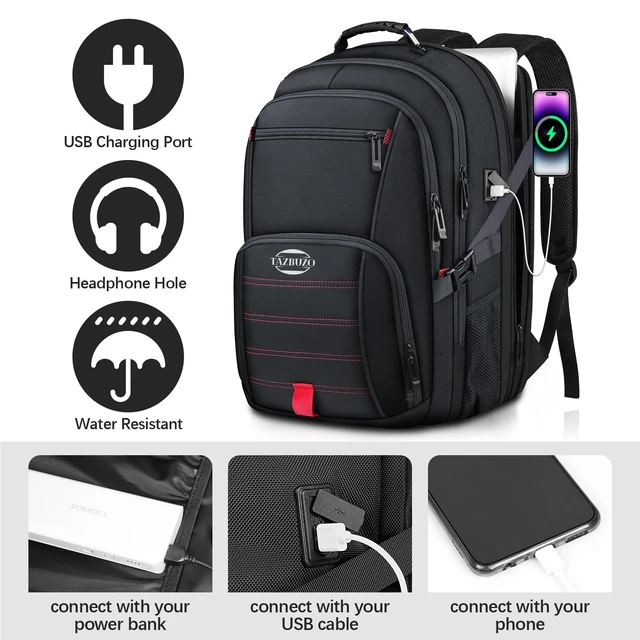 Alt view image 2 of 5 - tazbuzo 18.4 Inch Travel Laptop Backpack,Extra Large Backpack, Laptop Backpack for Men, 55L Water Resistant TSA Airline Approved Business Work College School Computer Bag with USB Port