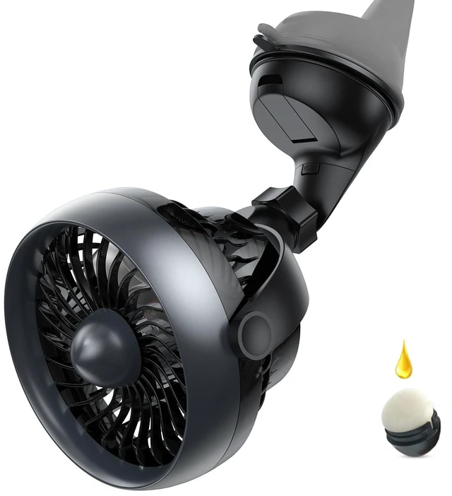 Main image of Portable Car Fan with Strong Suction and 4 Speeds,USB Dashboard Cooling Air Wall Fan for Sedan SUV RV Auto Vehicles Home, Window, Windshield, Bathroom, 4.92ft Cord, 5V, Quiet, Bonus Aroma Function