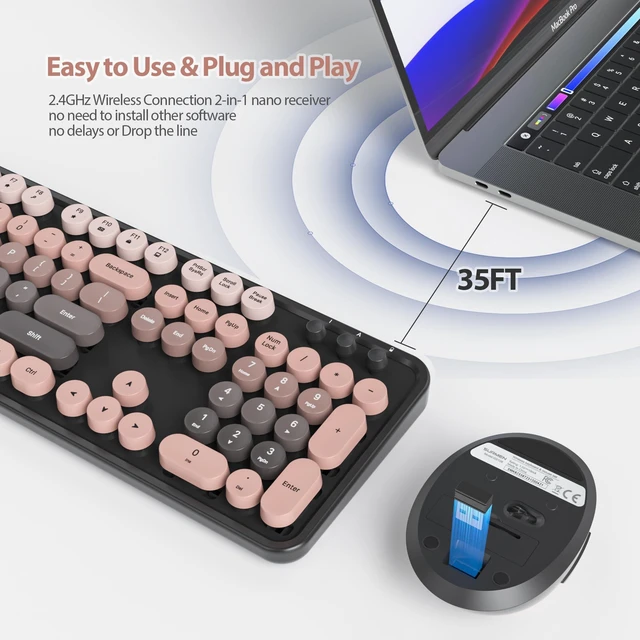 Alt view image 2 of 5 - Fogruaden Pink Keyboard and Mouse Wireless, Retro Typewriter Keyboard, 2.4GHz 104 Keys Full Size Cute Keyboard with Number Pad, Gradient Colorful Round Keycaps for Windows PC Desktops Laptop