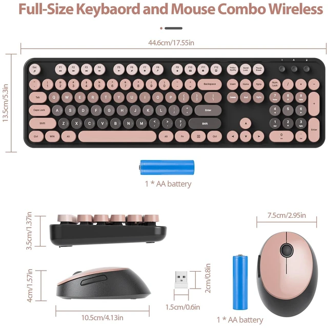 Alt view image 3 of 5 - Fogruaden Pink Keyboard and Mouse Wireless, Retro Typewriter Keyboard, 2.4GHz 104 Keys Full Size Cute Keyboard with Number Pad, Gradient Colorful Round Keycaps for Windows PC Desktops Laptop