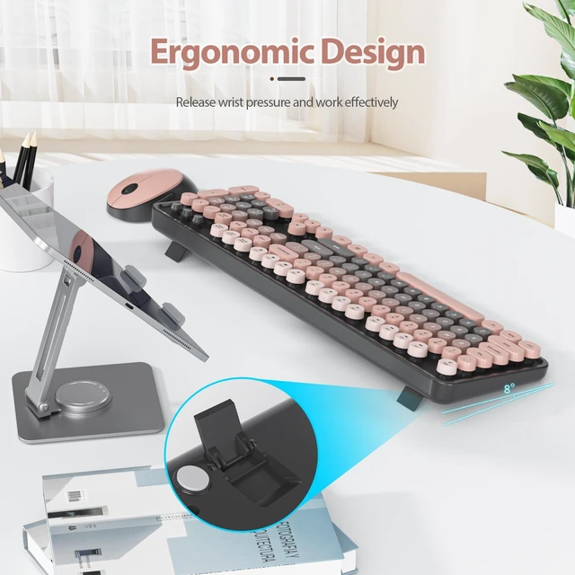 Alt view image 4 of 5 - Fogruaden Pink Keyboard and Mouse Wireless, Retro Typewriter Keyboard, 2.4GHz 104 Keys Full Size Cute Keyboard with Number Pad, Gradient Colorful Round Keycaps for Windows PC Desktops Laptop