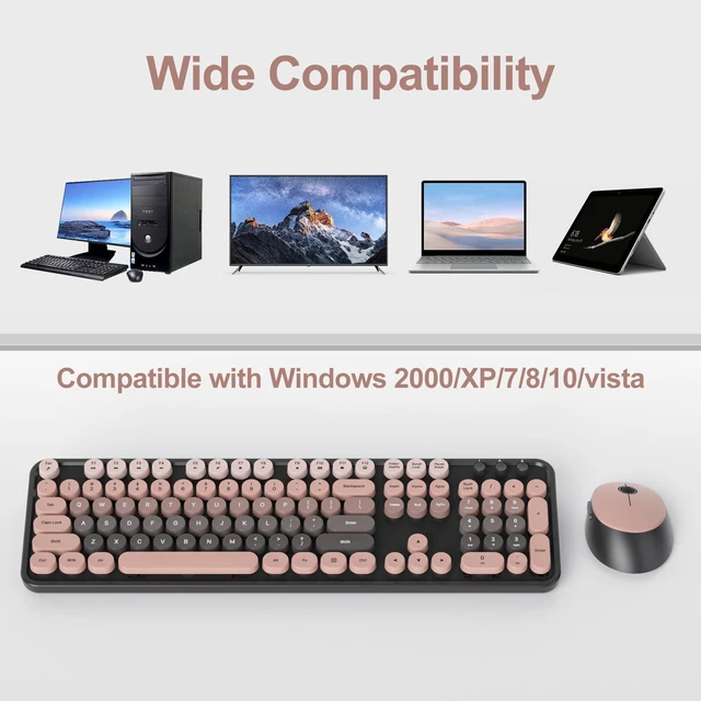 Alt view image 5 of 5 - Fogruaden Pink Keyboard and Mouse Wireless, Retro Typewriter Keyboard, 2.4GHz 104 Keys Full Size Cute Keyboard with Number Pad, Gradient Colorful Round Keycaps for Windows PC Desktops Laptop