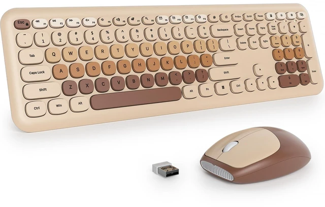 Main image of Fogruaden Quiet Brown Wireless Keyboard and Mouse, 2.4GHz Retro Cute Typewriter-Style Full-Size Colorful Keyboard and Mouse Combo, Slim Design, Low-Noise Typing for Home, Office, Windows PC, La