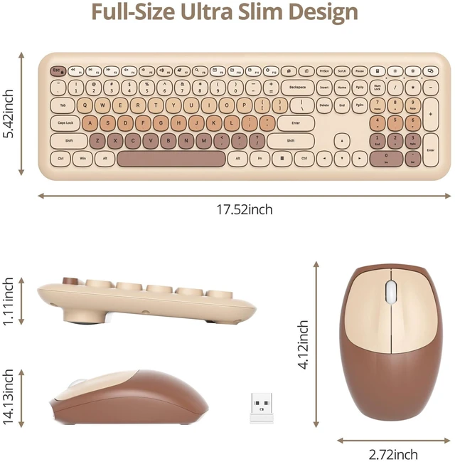 Alt view image 3 of 5 - Fogruaden Quiet Brown Wireless Keyboard and Mouse, 2.4GHz Retro Cute Typewriter-Style Full-Size Colorful Keyboard and Mouse Combo, Slim Design, Low-Noise Typing for Home, Office, Windows PC, La
