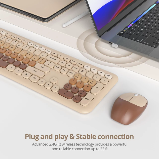 Alt view image 2 of 5 - Fogruaden Quiet Brown Wireless Keyboard and Mouse, 2.4GHz Retro Cute Typewriter-Style Full-Size Colorful Keyboard and Mouse Combo, Slim Design, Low-Noise Typing for Home, Office, Windows PC, La