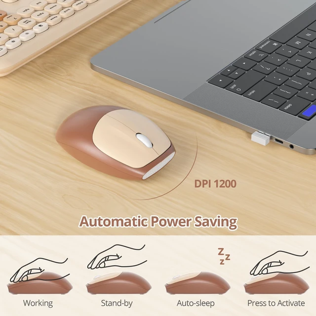 Alt view image 4 of 5 - Fogruaden Quiet Brown Wireless Keyboard and Mouse, 2.4GHz Retro Cute Typewriter-Style Full-Size Colorful Keyboard and Mouse Combo, Slim Design, Low-Noise Typing for Home, Office, Windows PC, La