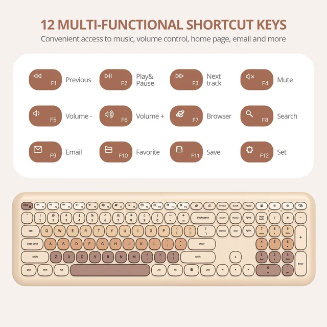 Alt view image 5 of 5 - Fogruaden Quiet Brown Wireless Keyboard and Mouse, 2.4GHz Retro Cute Typewriter-Style Full-Size Colorful Keyboard and Mouse Combo, Slim Design, Low-Noise Typing for Home, Office, Windows PC, La