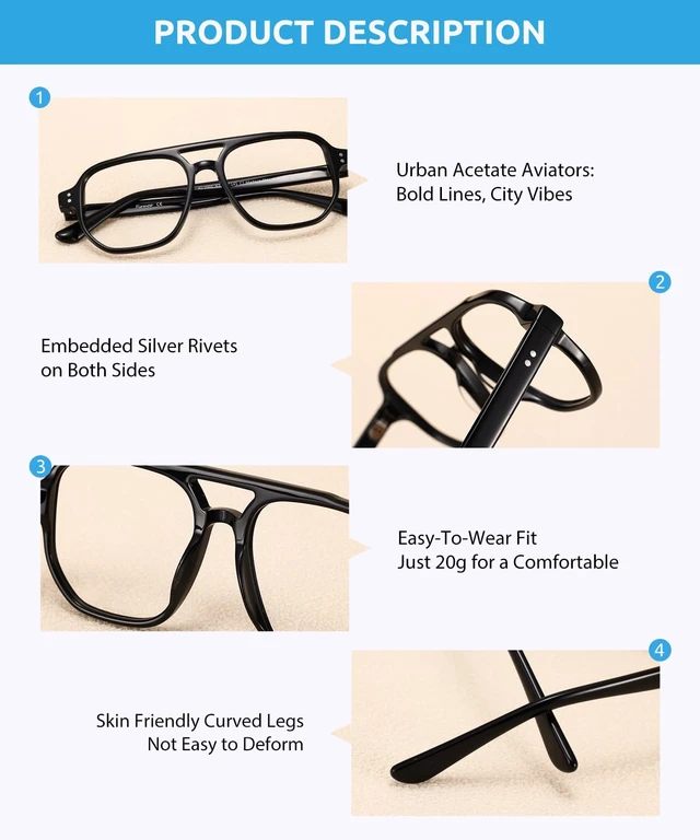 Alt view image 4 of 5 - Firmoo Aviator Blue Light Blocking Glasses for Men/Women, Square Computer Eyewear Anti Eye Strain Glasses, Black, JQ1001