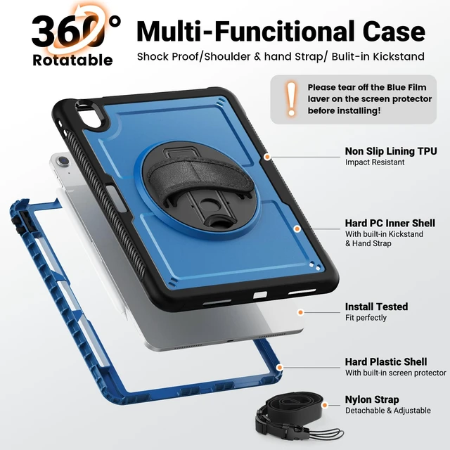 Alt view image 4 of 5 - SCSVPN Case for iPad Air 11-inch M4/M3/M2 (2026/2025/2024), Full Body Shockproof Rugged Protective Slim Cover with Screen Protector, 360 Rotating Stand, Hand/Shouler Strap, Pencil Holder (Navy Blue)