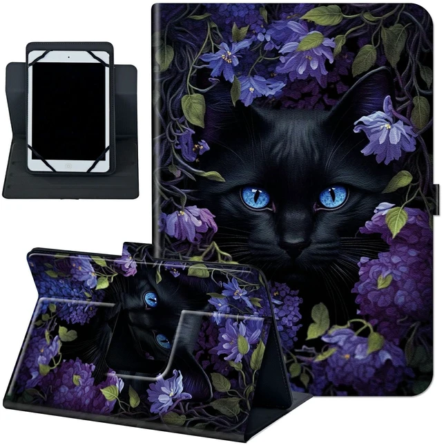 Main image of Rossy Universal 10.0 Tablet Case, Universal Case for 9.6-10.5 Inch Android Tablet, Slim PU Leather Stand Folio Shell Cover with 360 Degree Rotatable Kickstand Multiple Viewing,Black Cat Flower