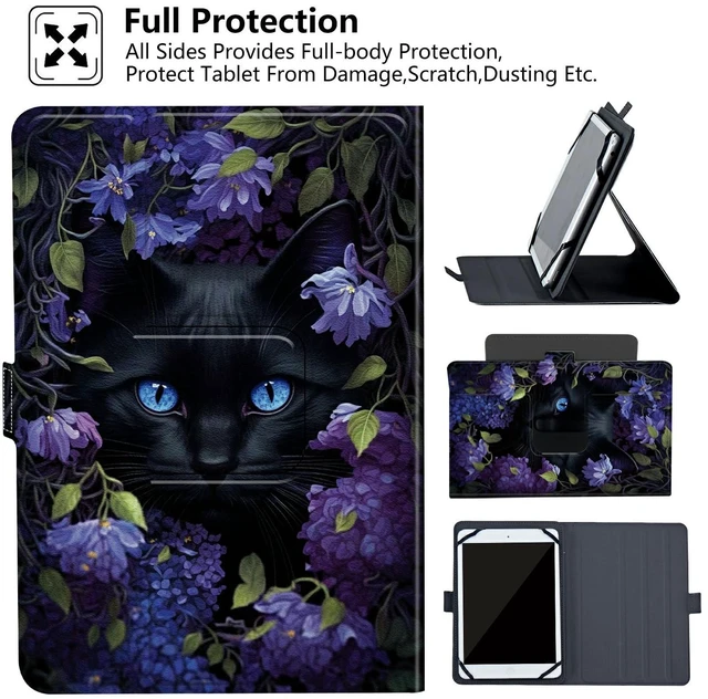 Alt view image 2 of 5 - Rossy Universal 10.0 Tablet Case, Universal Case for 9.6-10.5 Inch Android Tablet, Slim PU Leather Stand Folio Shell Cover with 360 Degree Rotatable Kickstand Multiple Viewing,Black Cat Flower