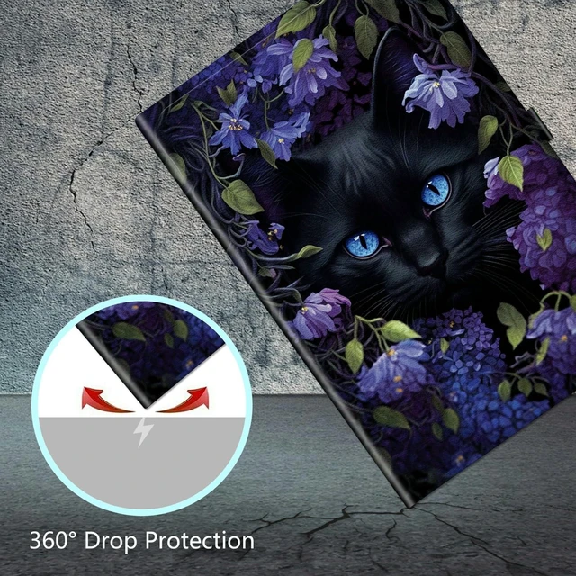 Alt view image 5 of 5 - Rossy Universal 10.0 Tablet Case, Universal Case for 9.6-10.5 Inch Android Tablet, Slim PU Leather Stand Folio Shell Cover with 360 Degree Rotatable Kickstand Multiple Viewing,Black Cat Flower