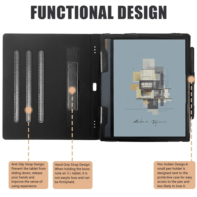 Alt view image 3 of 5 - E NET-CASE Case for 10.3" Boox Note Air4 C (2024)/Boox Note Air3 C/Air3 B/W Tablet (2023), New Upgraded Design 360 Degree Rotating Stand Cover with Pen Holder/Hand Strap, Auto Sleep/Wake (Black)