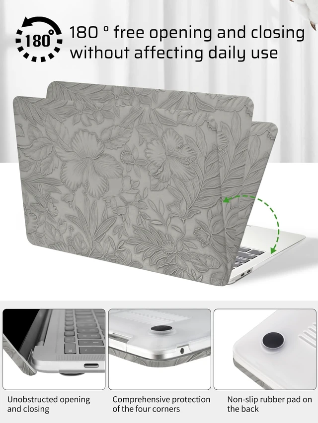 Alt view image 5 of 5 - Seorsok Compatible with MacBook Pro 13 inch Case M2 2023,2022,2021-2016 A2338 M1 A2251 A2289 A2159 A1989 A1708 A1706,Leaves Flowers Leather Hard Shell Case with Keyboard Cover,Grey Blooming Floral