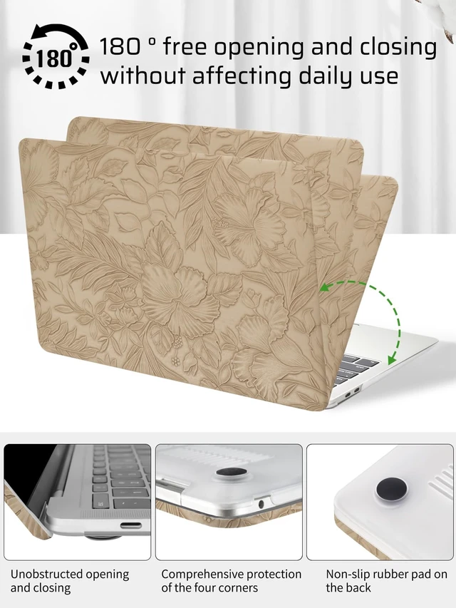 Alt view image 5 of 5 - Seorsok Compatible with MacBook Air 13 Inch Case 2022 2021 2020-2018 Release A1932 A2179 M1 A2337,Elegant Leaves Flowers Leather Plastic Hard Shell Case with Keyboard Cover,Apricot Blooming Floral