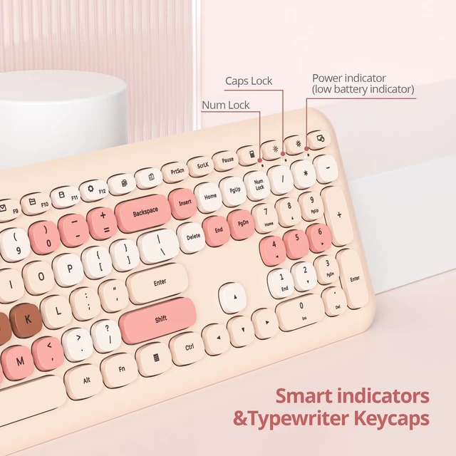 Alt view image 4 of 5 - SbocKeeb Wireless Typewriter Keyboard and Mouse Combo Retro 104 Key Full Size Office Set Milk Tea Keyboard with Silent Round Keycaps, Ideal for Laptop and Desktop PCs, Cute Design Keyboard (Mil