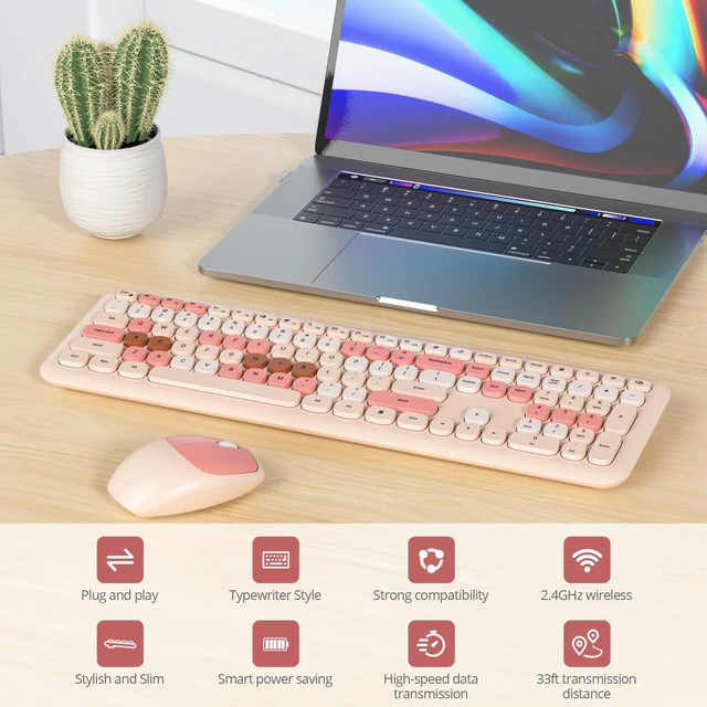 Alt view image 3 of 5 - SbocKeeb Wireless Typewriter Keyboard and Mouse Combo Retro 104 Key Full Size Office Set Milk Tea Keyboard with Silent Round Keycaps, Ideal for Laptop and Desktop PCs, Cute Design Keyboard (Mil