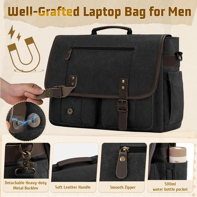 Alt view image 4 of 5 - RAINSMORE Mens Messenger Bag 17-17.3 Inch Vintage Canvas Briefcase Water-resistant Large Computer Laptop Bag Rugged Satchel Shoulder Bag for Work Travel, Bookbag for College