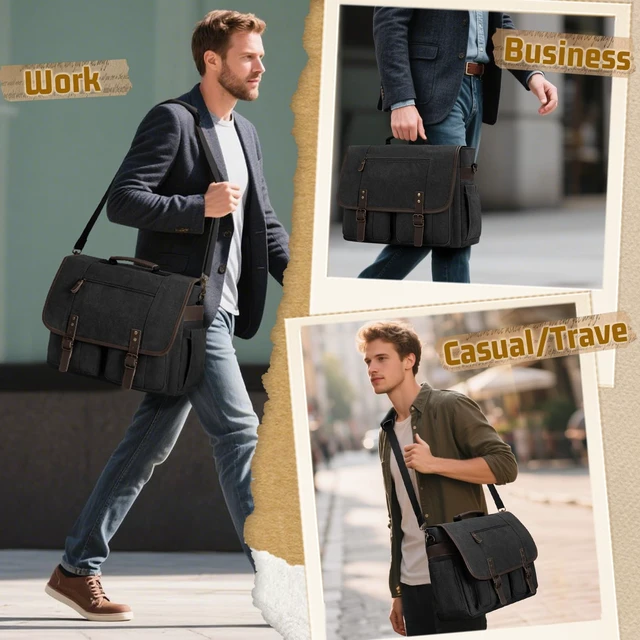 Alt view image 2 of 5 - RAINSMORE Mens Messenger Bag 17-17.3 Inch Vintage Canvas Briefcase Water-resistant Large Computer Laptop Bag Rugged Satchel Shoulder Bag for Work Travel, Bookbag for College