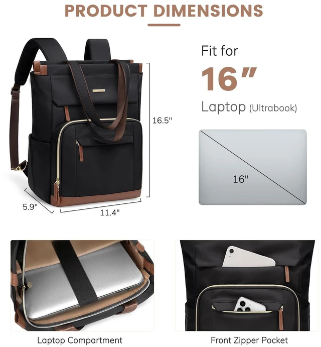 Alt view image 4 of 5 - GOLF QUALITY Convertible Daypack Laptop Backpack for Women Men Carry on Tote Backpack Bookbag for College Work Nurse Travel,16Inch,Black