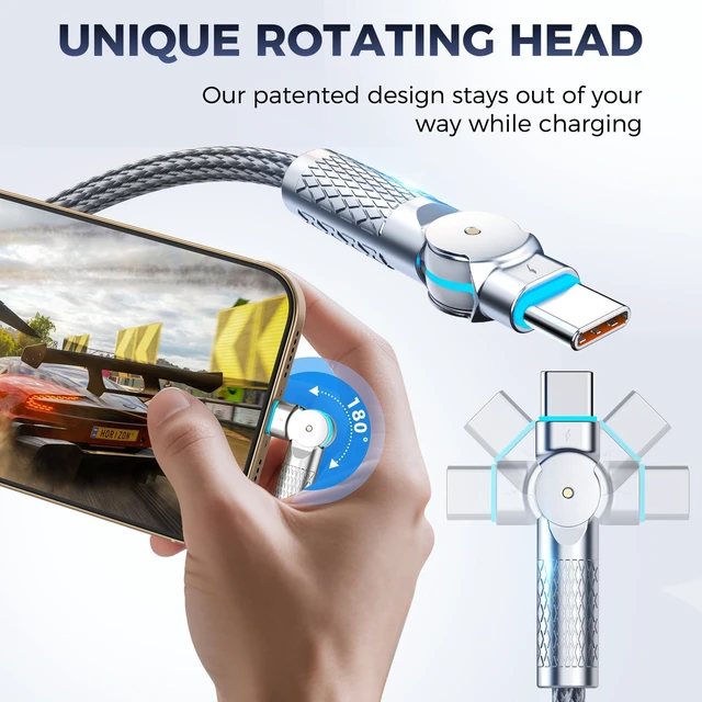 Alt view image 2 of 5 - USB C to USB C Cable10ft,240W 2-Pack Braided 180Rotating Type C Charging CableFast Charge for iPhone 16/16Pro/16Plus/16ProMax,MacBook Air,iPad Pro,Pixel,Samsung Galaxy S23/S24 Ultra-Light Grey
