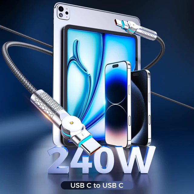 Alt view image 3 of 5 - USB C to USB C Cable10ft,240W 2-Pack Braided 180Rotating Type C Charging CableFast Charge for iPhone 16/16Pro/16Plus/16ProMax,MacBook Air,iPad Pro,Pixel,Samsung Galaxy S23/S24 Ultra-Light Grey