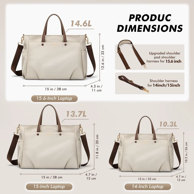 Alt view image 3 of 5 - 15.6 Inch Laptop Tote Bag for Women, Lightweight Nylon Work Shoulder Bag, Water-Resistant Computer Handbag with Pockets for Business Travel & Commute (Apricot)