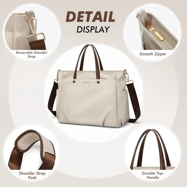Alt view image 5 of 5 - 15.6 Inch Laptop Tote Bag for Women, Lightweight Nylon Work Shoulder Bag, Water-Resistant Computer Handbag with Pockets for Business Travel & Commute (Apricot)