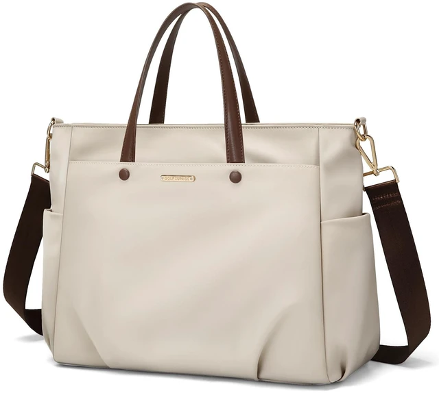Main image of 15.6 Inch Laptop Tote Bag for Women, Lightweight Nylon Work Shoulder Bag, Water-Resistant Computer Handbag with Pockets for Business Travel & Commute (Apricot)