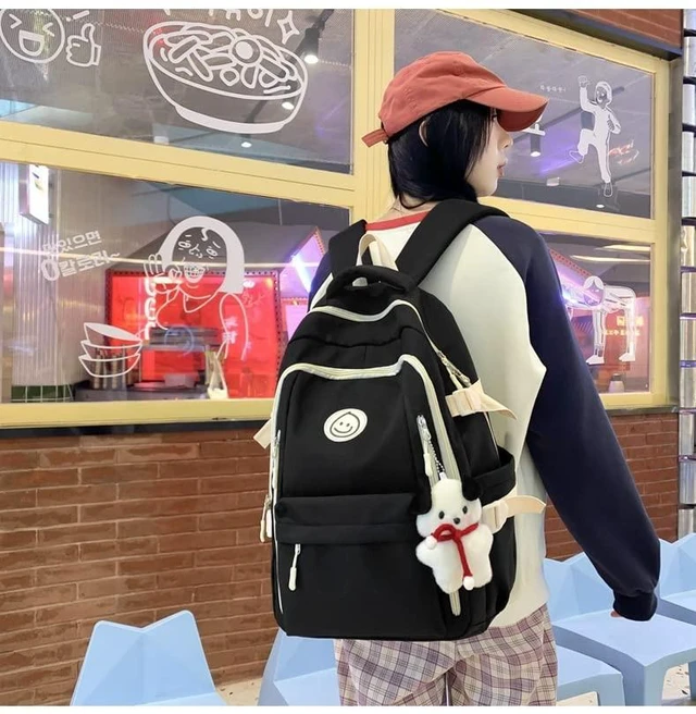 Alt view image 2 of 5 - Preppy Backpack with Cute Pendant Women Smile Face Laptop Backpack Kawaii Lightweight Aesthetic College Backpack (Black,One Size)