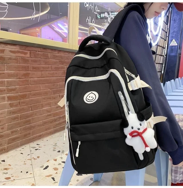 Alt view image 4 of 5 - Preppy Backpack with Cute Pendant Women Smile Face Laptop Backpack Kawaii Lightweight Aesthetic College Backpack (Black,One Size)