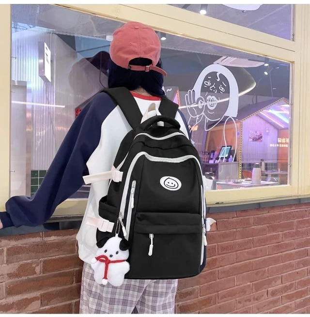 Alt view image 3 of 5 - Preppy Backpack with Cute Pendant Women Smile Face Laptop Backpack Kawaii Lightweight Aesthetic College Backpack (Black,One Size)