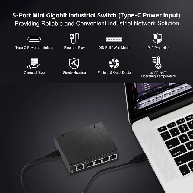 Alt view image 2 of 5 - MokerLink 5 Port Gigabit Industrial DIN-Rail Ethernet Switch, Mini Size, Type-C Powered, Fanless LAN Splitter Hub, Unmanaged IP40 Network Switch (-40 to 185F), 10Gbps Capacity