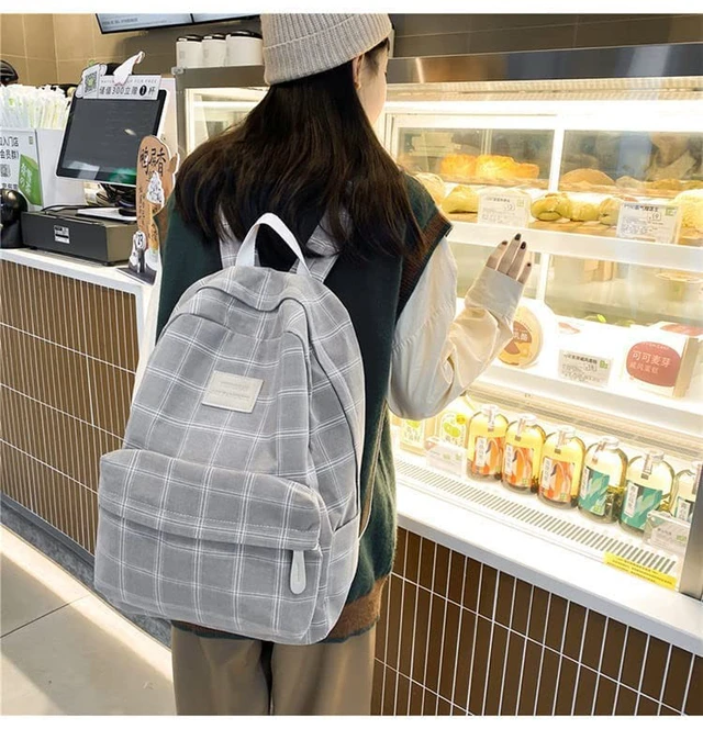 Alt view image 2 of 5 - MININAI Light Academia Backpack Aesthetic Plaid Preppy Laptop Backpack Checkered Rucksack for College Travel Work (One Size,Light Grey)