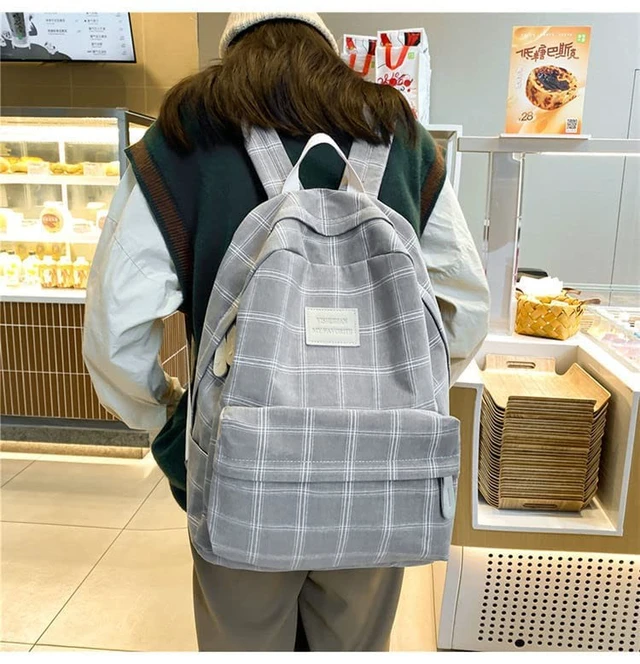 Alt view image 3 of 5 - MININAI Light Academia Backpack Aesthetic Plaid Preppy Laptop Backpack Checkered Rucksack for College Travel Work (One Size,Light Grey)