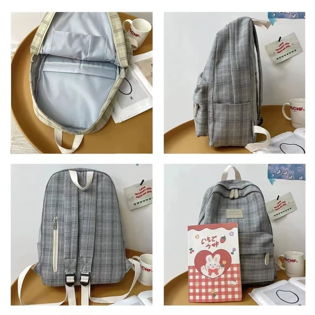 Alt view image 4 of 5 - MININAI Light Academia Backpack Aesthetic Plaid Preppy Laptop Backpack Checkered Rucksack for College Travel Work (One Size,Light Grey)