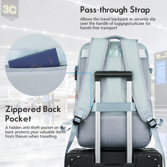 Alt view image 4 of 5 - MOMUVO Large Travel Backpack Women, Flight Approved Carry On Backpack, Water Resistant Anti-Theft Large Casual Daypack Fit 17 Inch Laptop with USB Charging Port, Blue