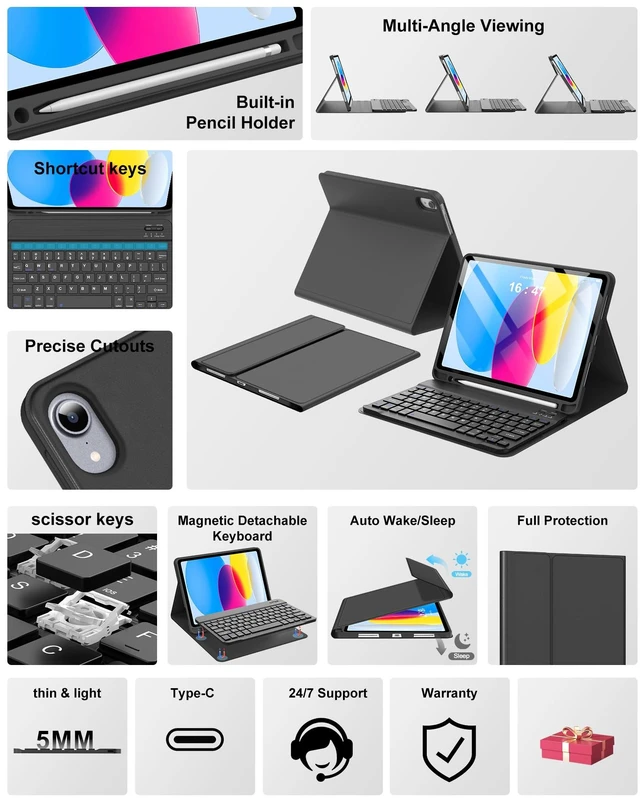 Alt view image 3 of 5 - OYOSUOGG for iPad 10th Generation Case with Keyboard (10.9" 2022) & iPad 11th (A16, 2025), Magnetic Detachable Slim Wireless Keyboard, Precise Cutouts Folio Cover Case with Pencil Holder, Space