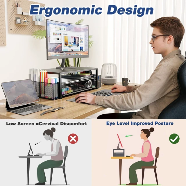 Alt view image 2 of 5 - OPNICE Desk Organizer and Accessories, 2-Tier Computer Monitor Stand Riser with Drawer and 2 Pen Holders, Laptop Stand, Office Desk Accessories for Office Supplies, Black