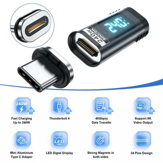 Alt view image 5 of 5 - Digital Display USB C Magnetic Adapter PD 240W 24Pins, Straight, 2 Pack
