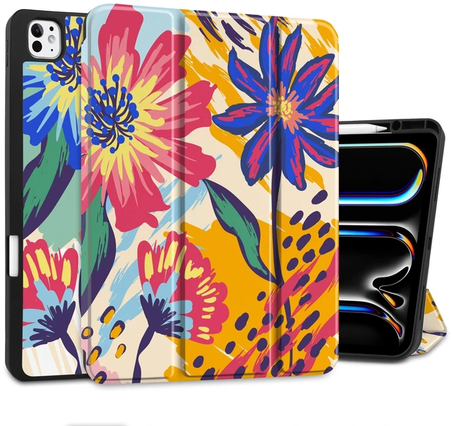 Main image of MEEgoodo Case for M5 iPad Pro 13 inch 2025/M4 iPad Pro 13 inch Case 2024, Tablet Cover with Trifold Stand + Pencil Holder + Auto Wake/Sleep + Soft TPU Back Cover, Art Painted Flowers